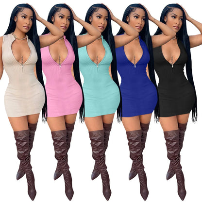 Summer Clothing Ribbed Casual Women Dresses Ladies Zipper Dresses With Stretchy 2022 Women's Clothing