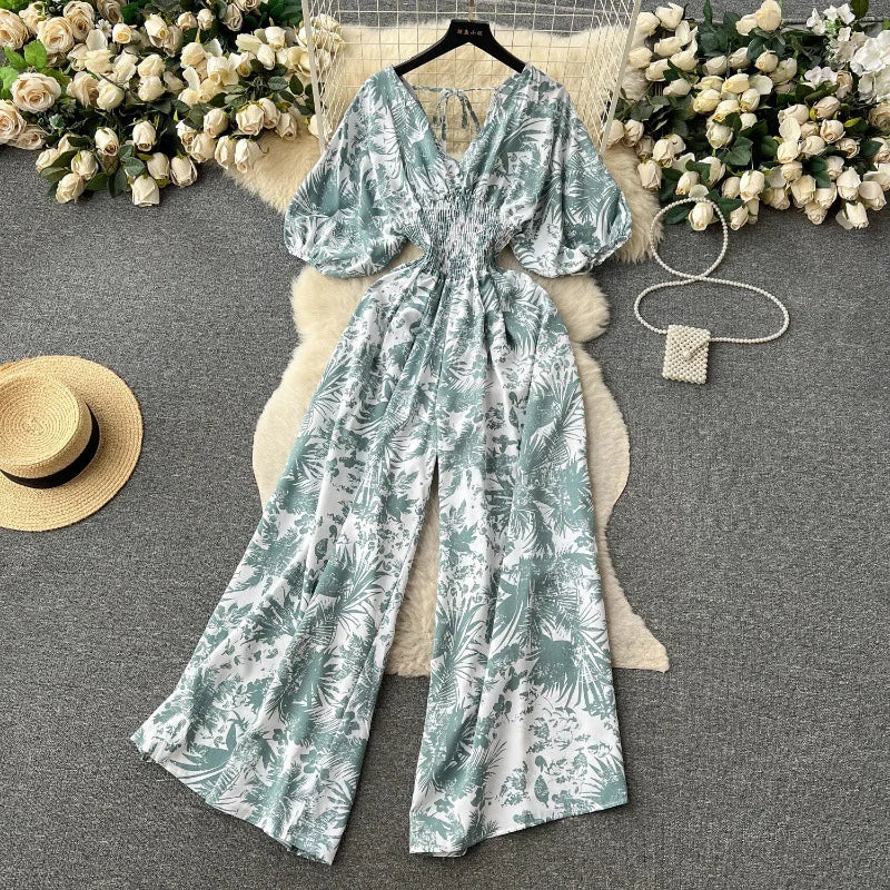 Casual V Neck Slim Jumpsuit for Women Puff Sleeve High Waist Printed Lace Long Jumpsuit Wholesale