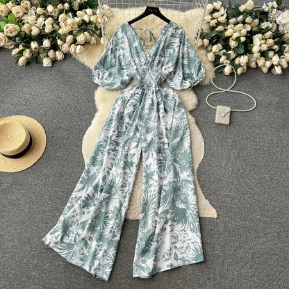 Casual V Neck Slim Jumpsuit for Women Puff Sleeve High Waist Printed Lace Long Jumpsuit Wholesale