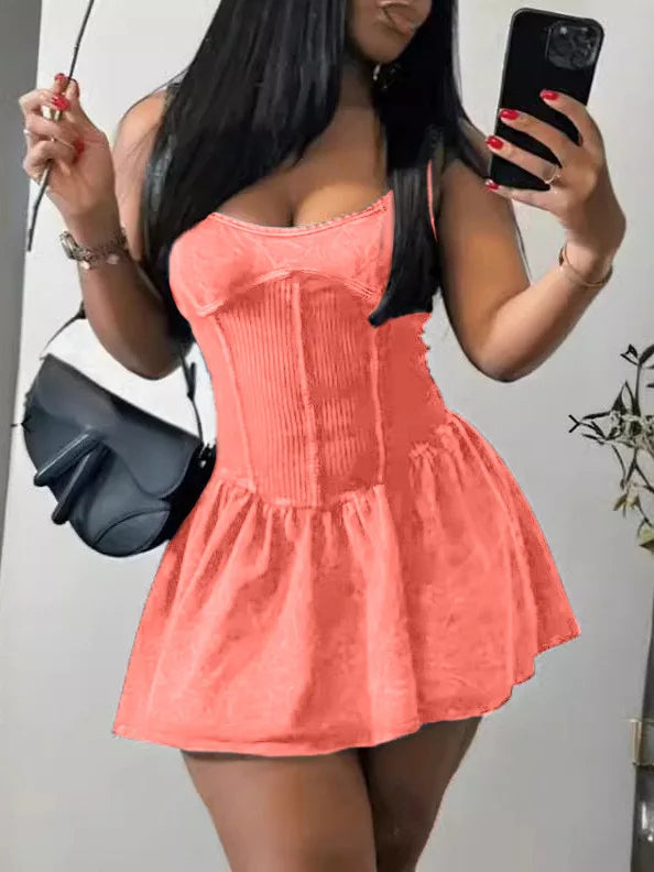 Custom LOGO Women's Fashion Hot 2024 New Summer Fashion Casual Old Hanging Strap Splicing Fluffy Dress