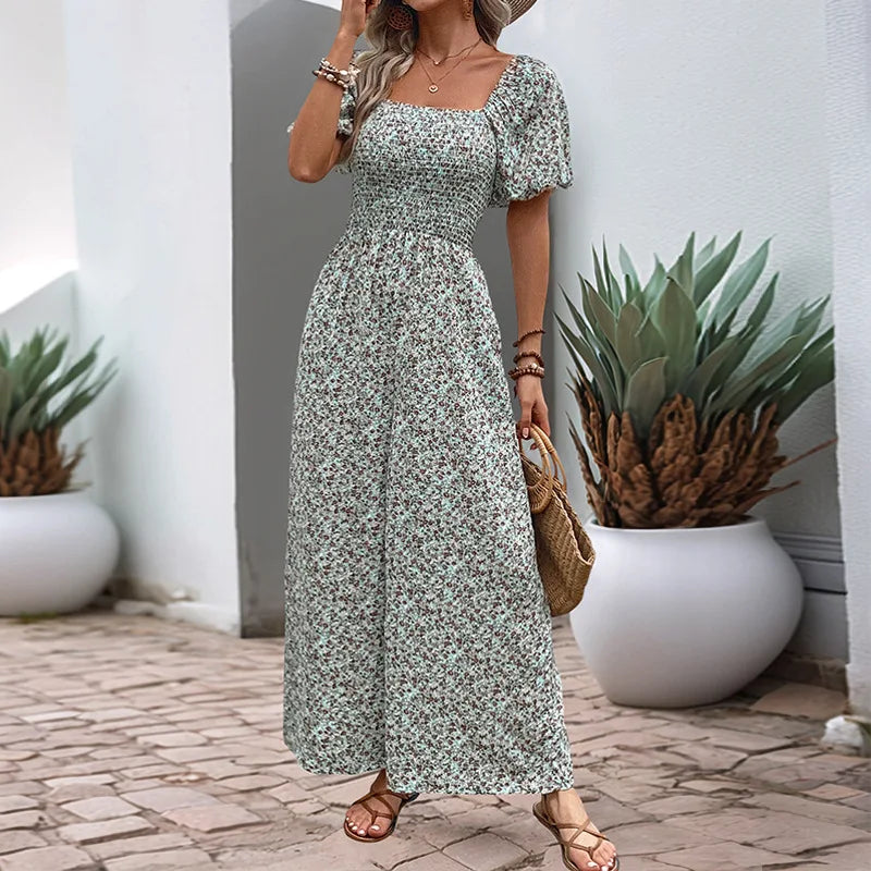 Floral Print Jumpsuit Bubble Sleeves Women's Jumpsuits Playsuits Slim Fit Tight Square Collar Shirring Wide Leg Pants Rompers
