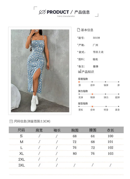 Women's Spaghetti Strap Floral Print Midi Dress, Bodycon Slit Hem Casual Summer Dress