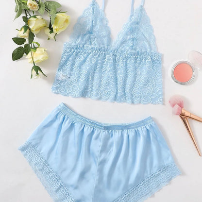 Sexy Sleeveless Collarless Polyester Underwear Women Pure Desire Home Clothes Fashion Comfortable Sling Lace Shorts Pajamas Set