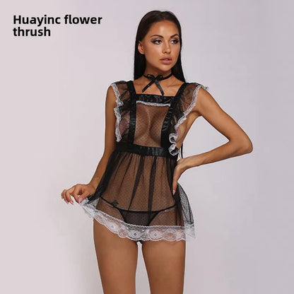 Cross-border Foreign Trade Europe United States ODM Sexy Underwear Lace-up Split Mesh Strap Pajamas Hollow Polyester Sheer