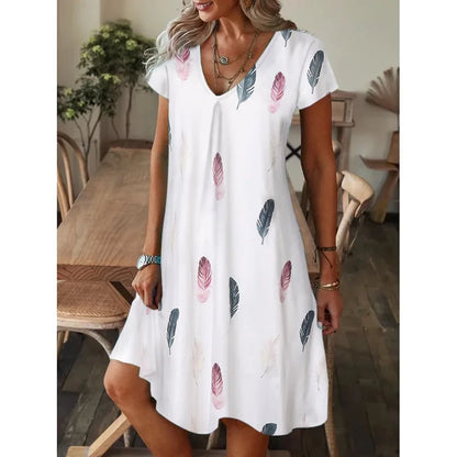Women's Party Formal V-Neck Summer Jersey Dress Long Knee Floral Printed Full Digital Regular Fit Short Sleeved Woven Breathable