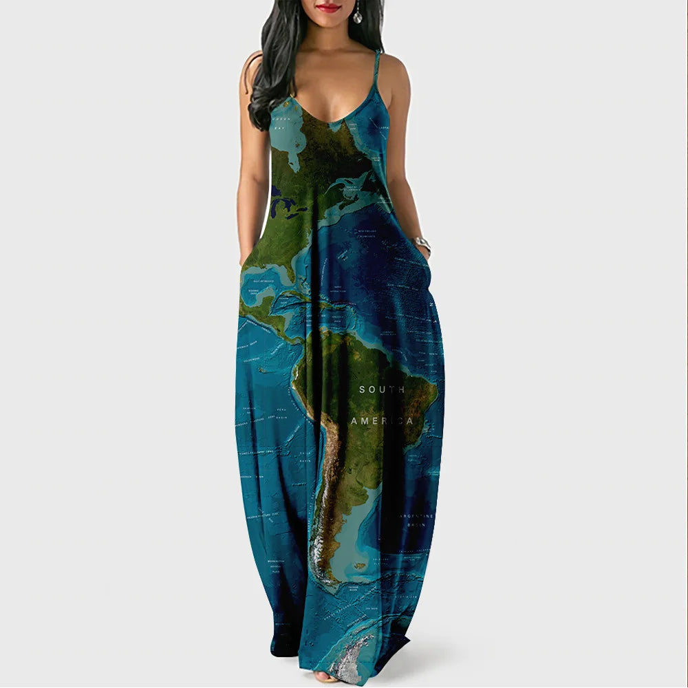 New Arrival Women Summer Clothing Earth Prints Long Maxi Dress Luxury Beachwear Clothes Plus Size 4XL Women's Cami Sun Dresses