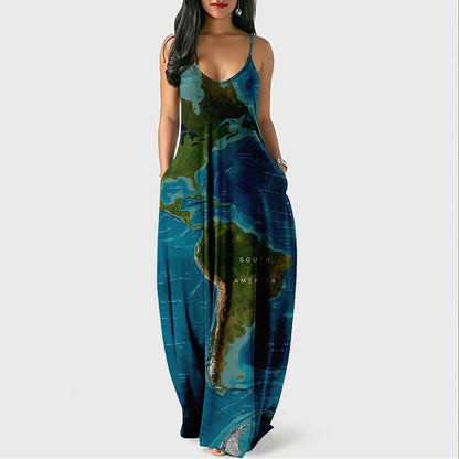New Arrival Women Summer Clothing Earth Prints Long Maxi Dress Luxury Beachwear Clothes Plus Size 4XL Women's Cami Sun Dresses