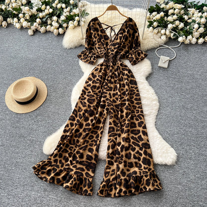 Summer Casual V-Neck Tunic Jumpsuit For Women Flare Sleeve High Waist Leopard Printed Lace Long Jumpsuit Wholesale