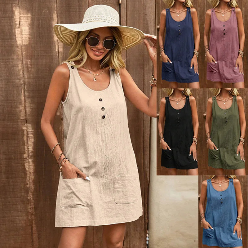 Women's Summer New Fashion Vacation Dress U-neck Solid Color Sleeveless Midi Dress