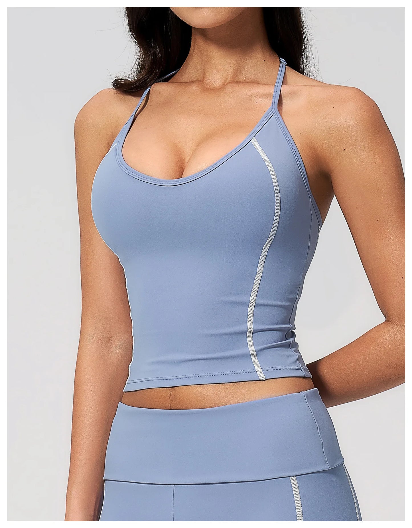 Women's Halter Neck Contrast Stitch Workout Cami Top Custom Logo U-Neck Longline Yoga Tank with Built-in Bra Sports Top