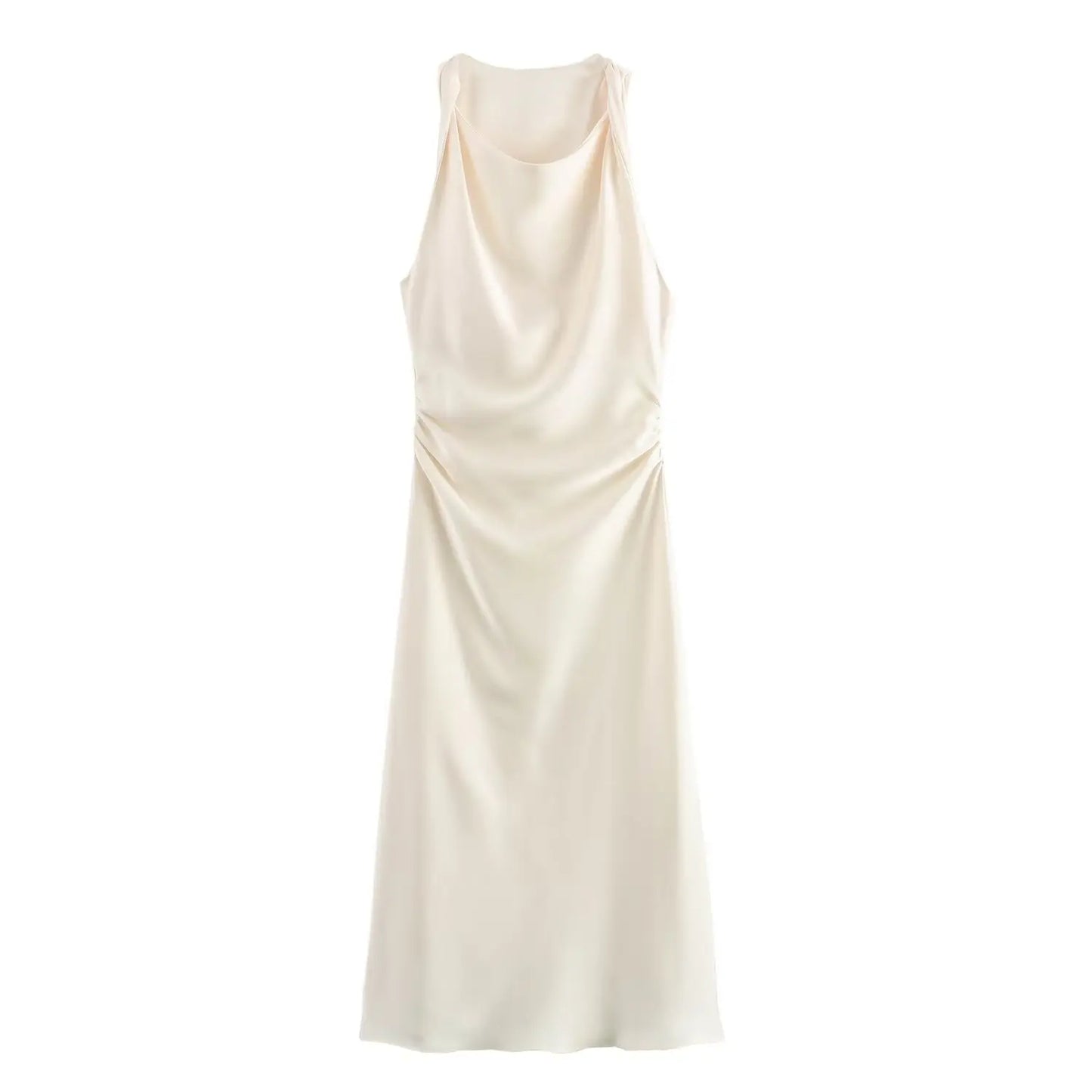 2024  Women's Purple Satin Midi Dress New Sleeveless Slim Pleated Vest Long Skirt Pattern Solid Vestidos Mujer