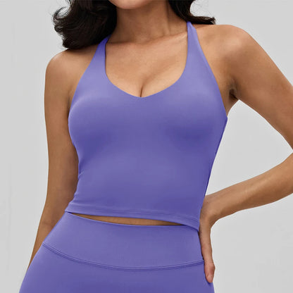 Women Cross Back Yoga Tank Top Deep V Neck Adjustable Thin Straps Removable Padded Workout Cami Top for Pilates Training
