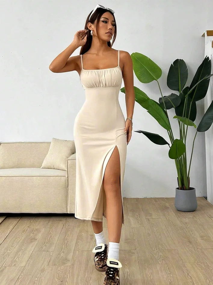 Women's Spaghetti Strap Floral Print Midi Dress, Bodycon Slit Hem Casual Summer Dress