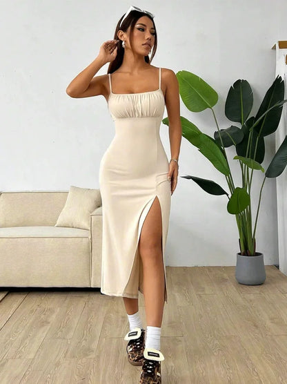 Women's Spaghetti Strap Floral Print Midi Dress, Bodycon Slit Hem Casual Summer Dress