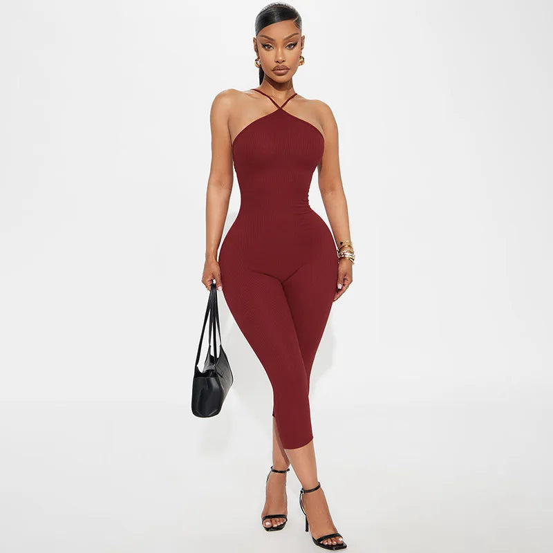 Sexy Halter Neck High Quality Ribbed Solid Color Casual Women Summer Jumpsuits One Piece