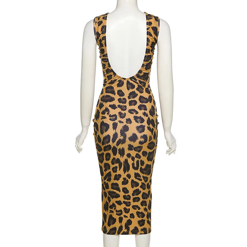 INS Wind New Summer Women's Clothing Ladies Fashion Round Neck Sleeveless Sexy Backless Slim Bodycon Leopard Casual Dresses