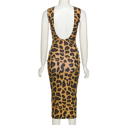 INS Wind New Summer Women's Clothing Ladies Fashion Round Neck Sleeveless Sexy Backless Slim Bodycon Leopard Casual Dresses