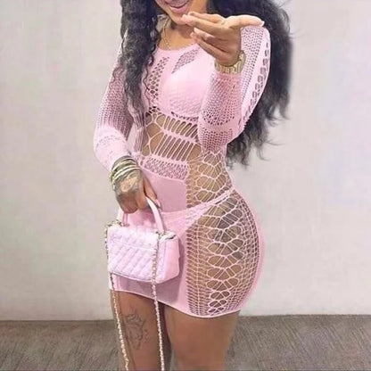 Summer Party Club Beach Wear Women's Long Sleeve Mini Dress Bodycon Sexy Body Shape Hollow Out See Through Mesh Dresses Women