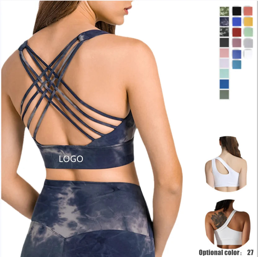 New Sexy Cross Strap Backless Plus Size Sports Bra Womens Gym Set with Seamless Thick Yoga Bra Printed Pattern Low Shipping Cost