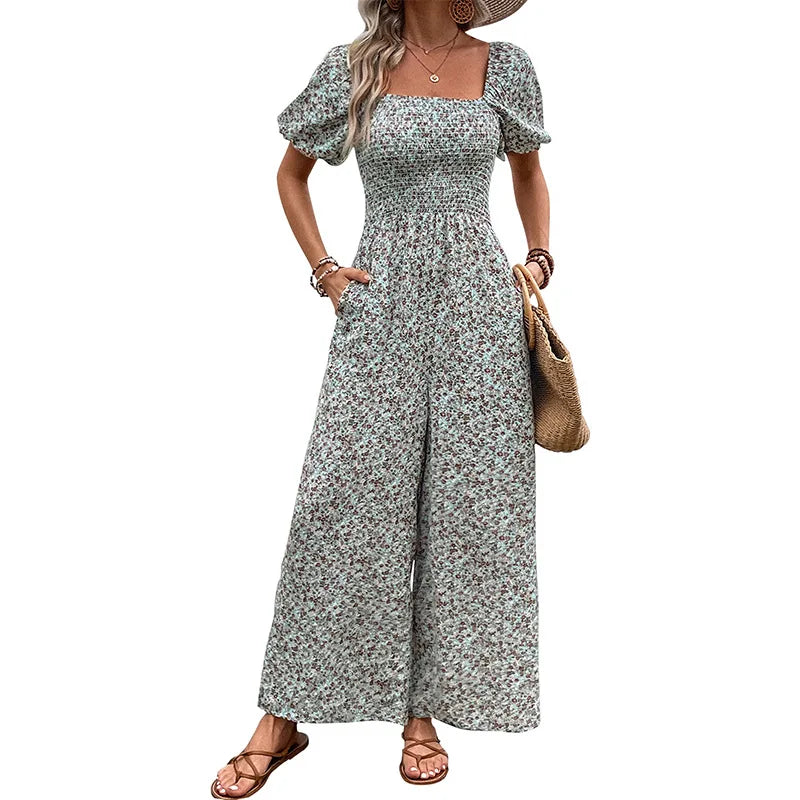 Floral Print Jumpsuit Bubble Sleeves Women's Jumpsuits Playsuits Slim Fit Tight Square Collar Shirring Wide Leg Pants Rompers
