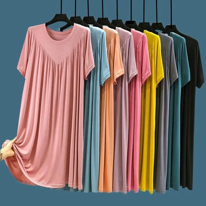 Summer New Women'S Loose Versatile Short-Sleeved Round Neck Nightgown Solid Color Dresses