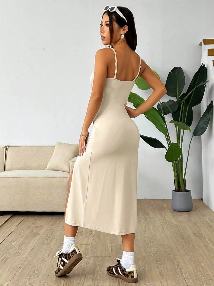 Women's Spaghetti Strap Floral Print Midi Dress, Bodycon Slit Hem Casual Summer Dress