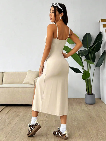 Women's Spaghetti Strap Floral Print Midi Dress, Bodycon Slit Hem Casual Summer Dress