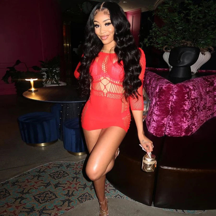 Summer Party Club Beach Wear Women's Long Sleeve Mini Dress Bodycon Sexy Body Shape Hollow Out See Through Mesh Dresses Women
