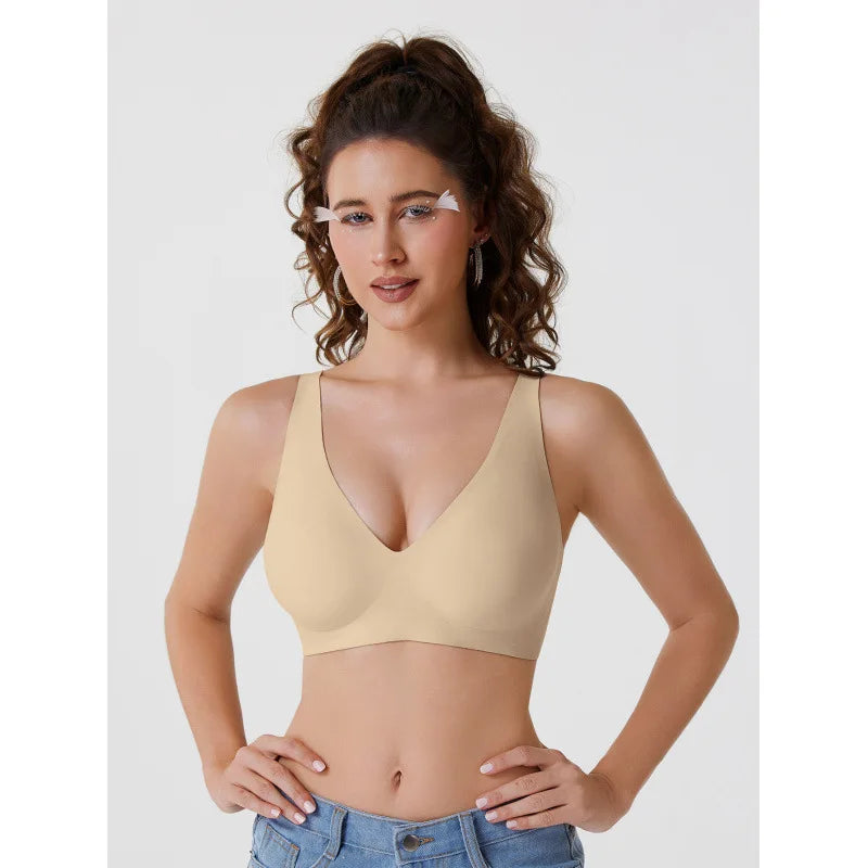 Hot-Selling Cross-Border Solid Bra Deep V Seamless Wireless Everyday Underwear Convertible Straps Nylon Cup Export Foreign