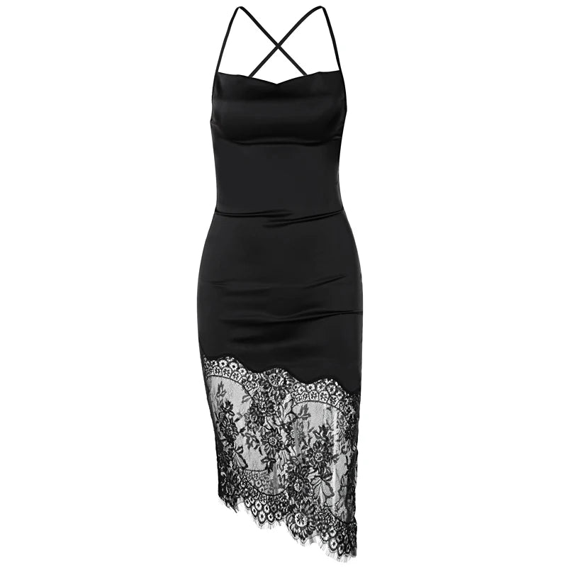 Dress Hollow Out Halter Lace Patchwork Backless Solid See Through Bodycon Sexy Dresses Midi Summer Beach Women's Clothing 1978