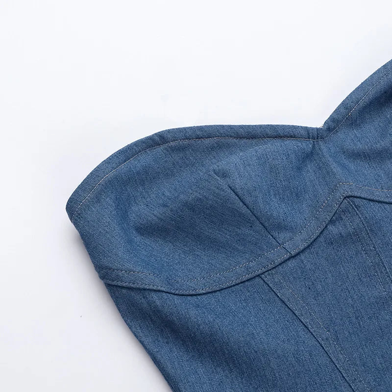 Strapless off Shoulder Denim Mini Dress Clubwear for Women's 2024 Summer Vintage Jeans Dresses