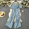Casual V Neck Slim Jumpsuit for Women Puff Sleeve High Waist Printed Lace Long Jumpsuit Wholesale