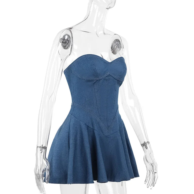 Strapless off Shoulder Denim Mini Dress Clubwear for Women's 2024 Summer Vintage Jeans Dresses