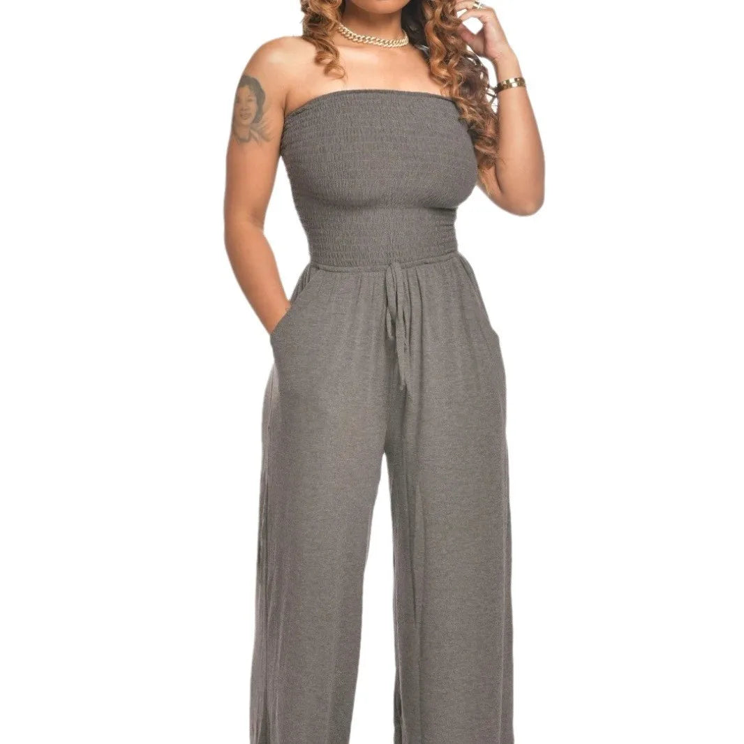 TS1035 Trendy Summer Jumpsuit Women Casual Strapless Sleeveless Pleated Wide Leg One Piece Jumpsuits With Pocket