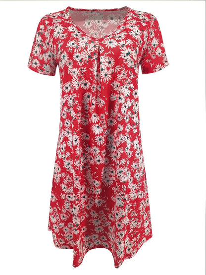 Women's Party Formal V-Neck Summer Jersey Dress Long Knee Floral Printed Full Digital Regular Fit Short Sleeved Woven Breathable