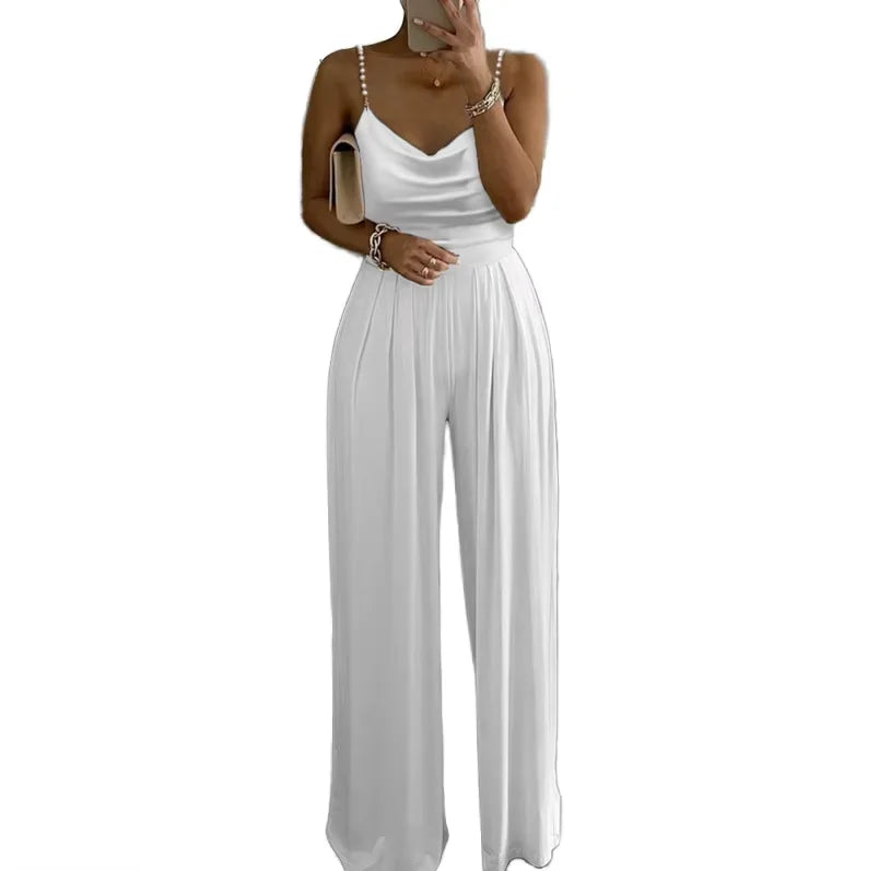 New Women's Summer Halter Jumpsuit with Pearl Sleeves and Wide Leg Casual Solid Color Hot Sale for Parties