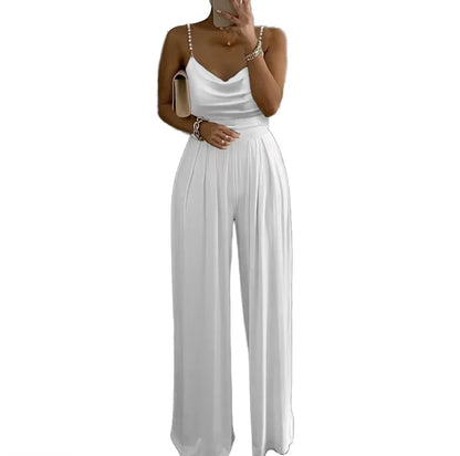 New Women's Summer Halter Jumpsuit with Pearl Sleeves and Wide Leg Casual Solid Color Hot Sale for Parties