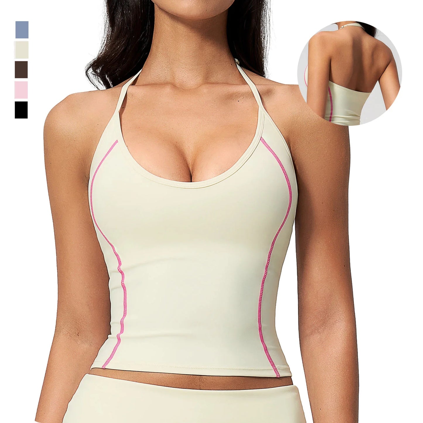 Women's Halter Neck Contrast Stitch Workout Cami Top Custom Logo U-Neck Longline Yoga Tank with Built-in Bra Sports Top