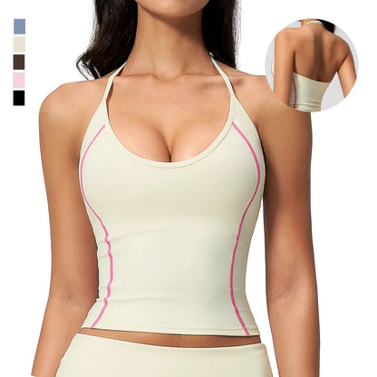 Women's Halter Neck Contrast Stitch Workout Cami Top Custom Logo U-Neck Longline Yoga Tank with Built-in Bra Sports Top
