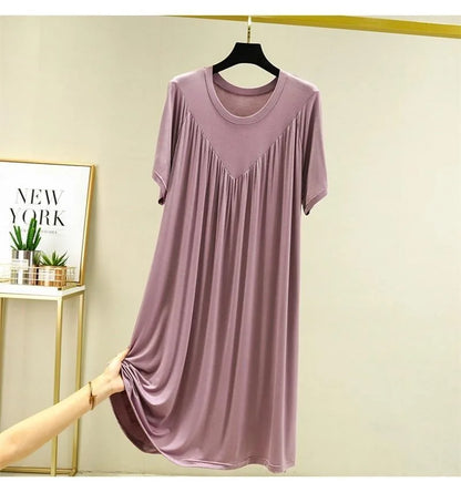 Summer New Women'S Loose Versatile Short-Sleeved Round Neck Nightgown Solid Color Dresses