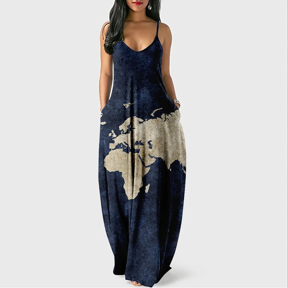 New Arrival Women Summer Clothing Earth Prints Long Maxi Dress Luxury Beachwear Clothes Plus Size 4XL Women's Cami Sun Dresses