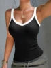 Women's Ribbed Color Block Tank Top V-Neck Wide Strap Fitted Cami High Elastic Seamless Workout Camisole for Yoga Daily Wear