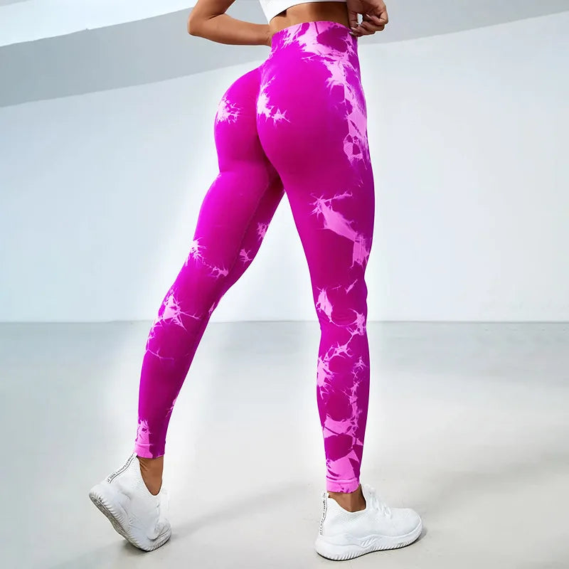 Seamless High Waist Yoga Tights Women Tie-Dye Ruched Butt Lifting Sports Leggings