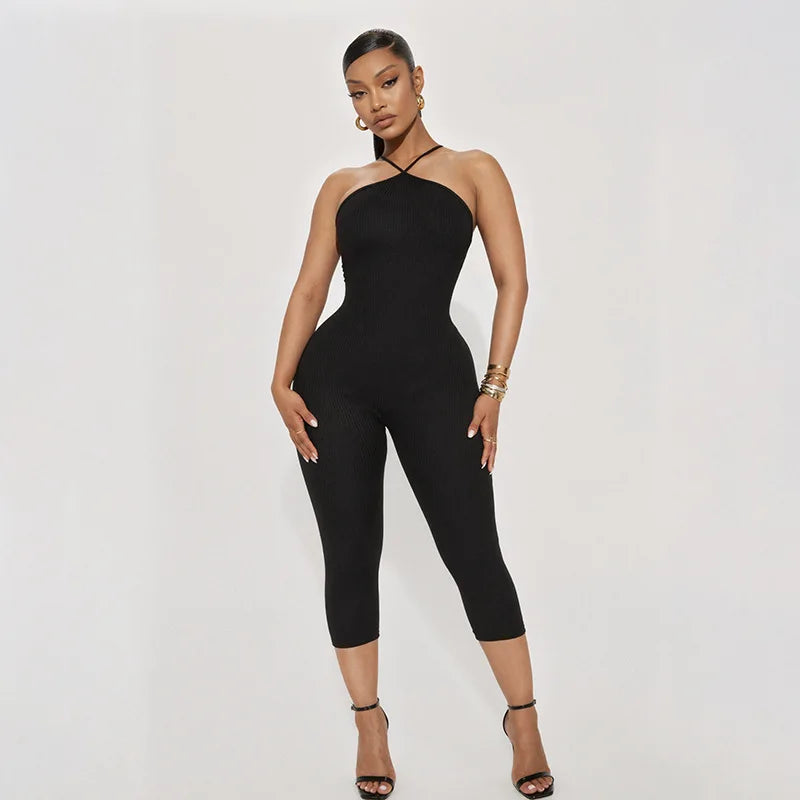 Sexy Halter Neck High Quality Ribbed Solid Color Casual Women Summer Jumpsuits One Piece