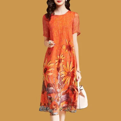 Summer Dress Women's Short-sleeved Temperament  Floral Round Neck Mid-length Floral Print Dress for Women