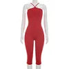 Sexy Halter Neck High Quality Ribbed Solid Color Casual Women Summer Jumpsuits One Piece