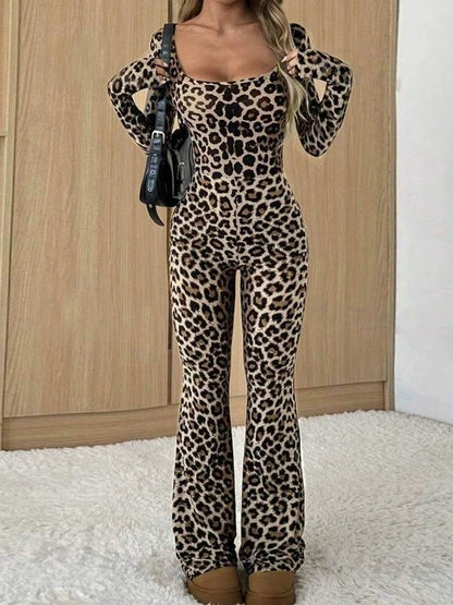 Women Chic Leopard Print Long-Sleeve Jumpsuit Elegant Sexy Design Slim Women Casual Jumpsuits Bodysuits