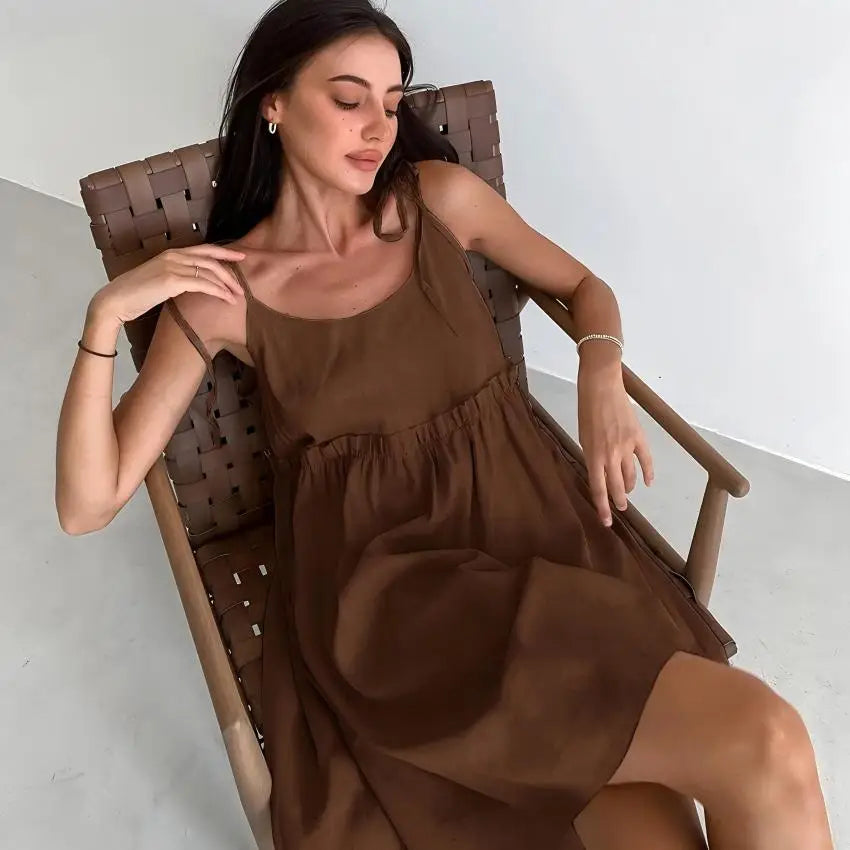 For OOTN 2024 Women's Elegant Khaki Linen Summer Dress Sexy Mini A-Line Ruched Lace-Up Ruffles Spaghetti Strap Loose Fit Solid