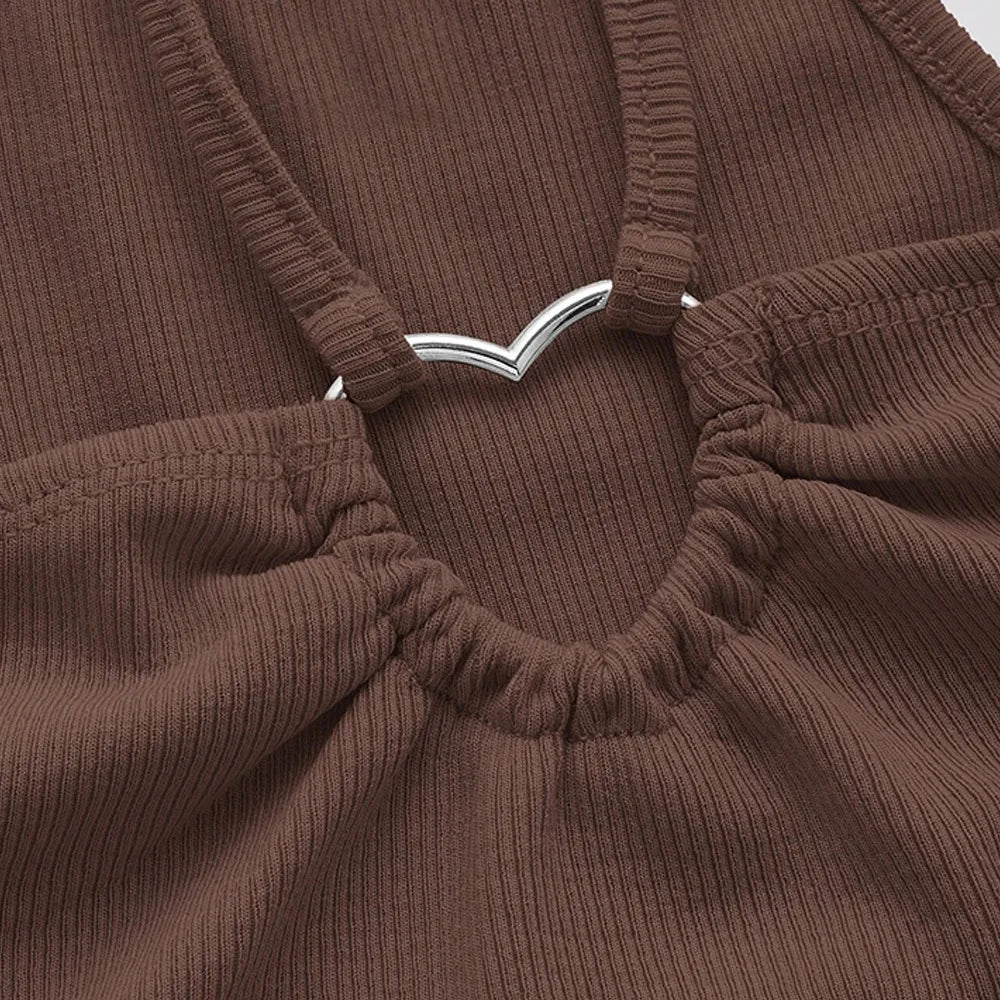 Enyami Women Fashion Hollow Out Heart Ring Slim Fit Sleeveless Sexy Straps Crop Ribbed Basic Knit Cami Tank Top
