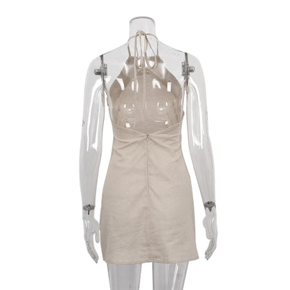 Good Price Manufacturer Lace-Up Halter Neck Hot Girls Women's Backless Short Dress Sexy Summer Cotton Linen Dresses For Women